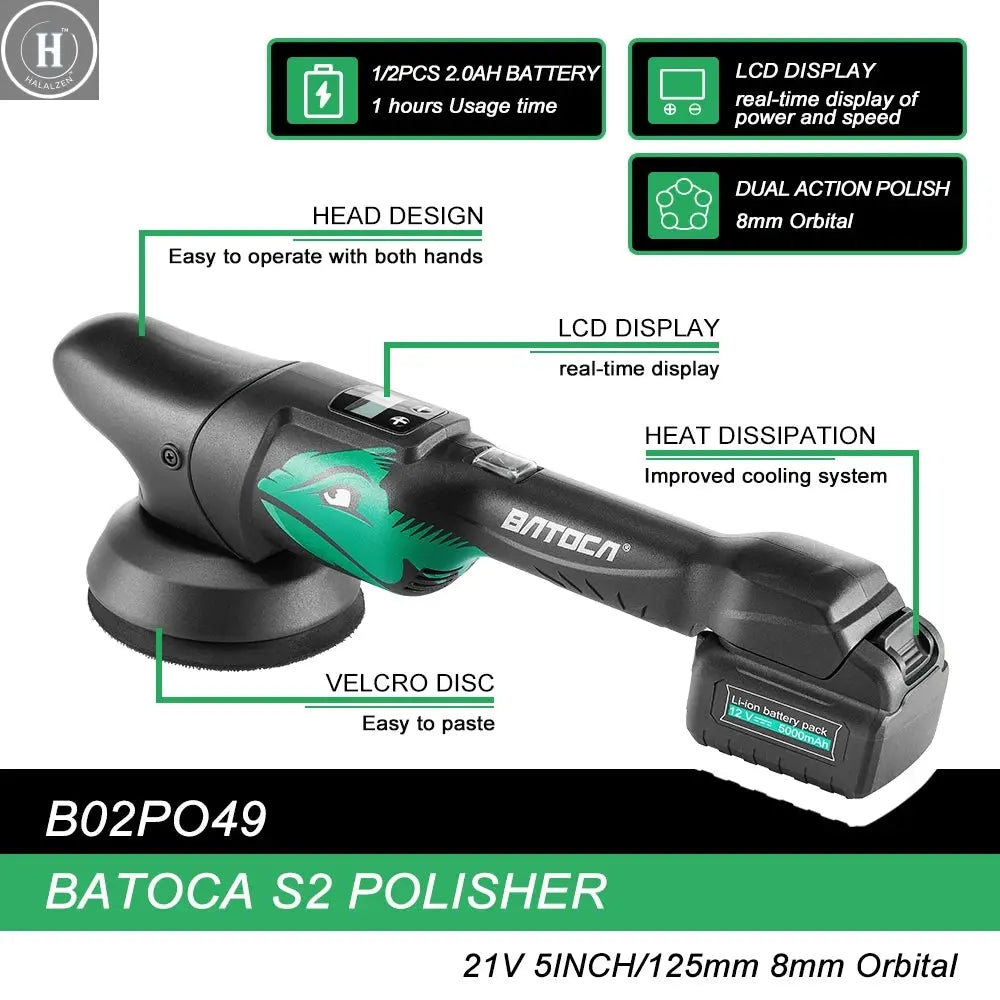 BATOCA S2 21V Cordless Car Polisher 5 Inch 8mm Dual Action Random Orbital Polishing Machine with Battery Kit HALALZEN