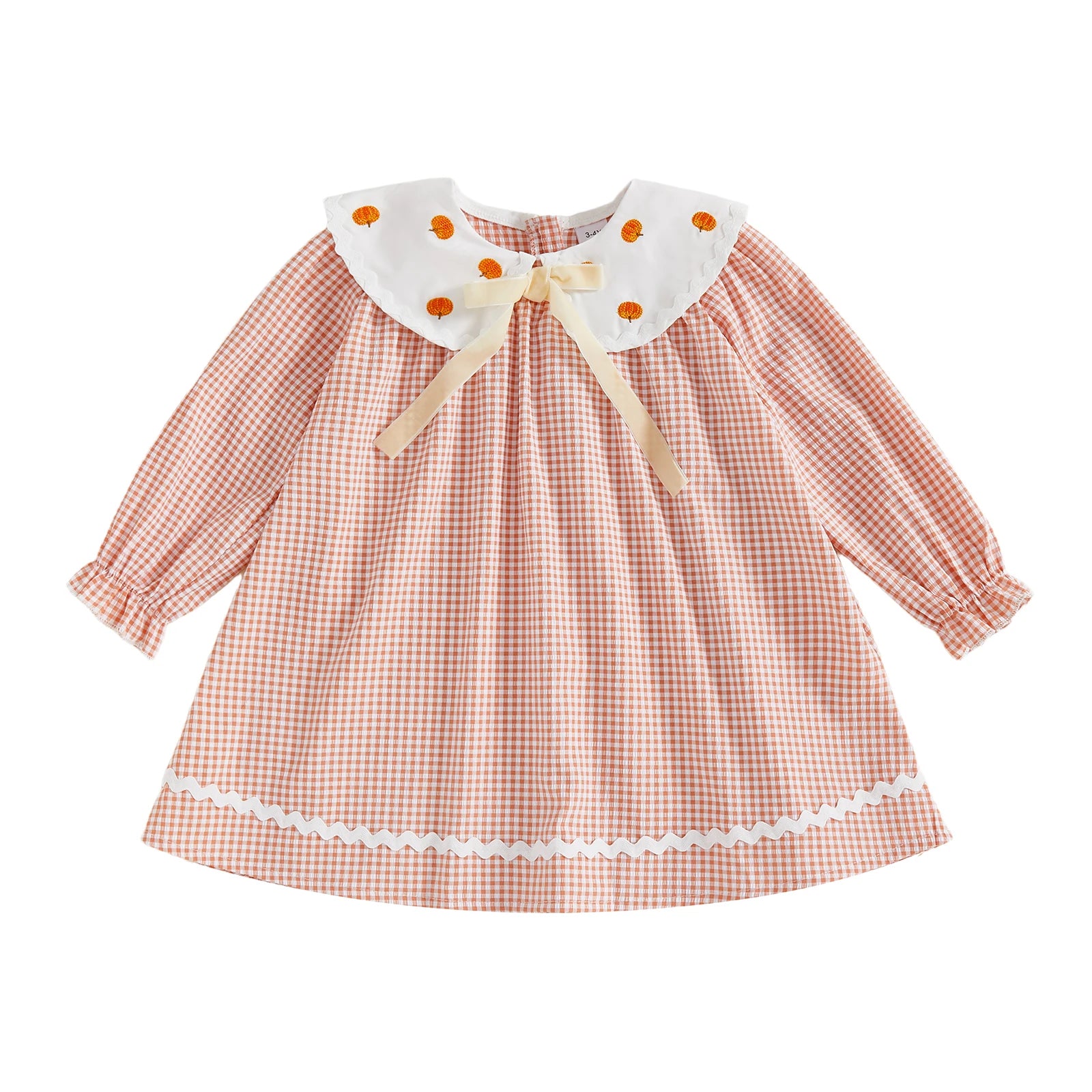 Cute Toddler Girls Halloween Dress with Long Sleeves and Doll Collar Featuring Pumpkin Embroidery on Plaid Fabric
