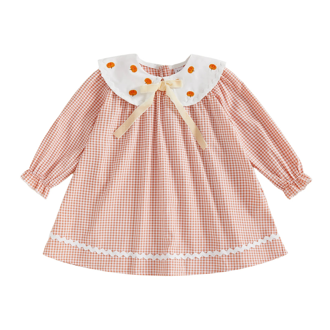 Cute Toddler Girls Halloween Dress with Long Sleeves and Doll Collar Featuring Pumpkin Embroidery on Plaid Fabric