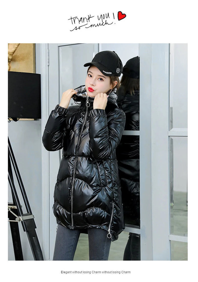 2024 New Women Jacket Winter Parkas Long Coat Fur Collar Hooded Glossy Overcoat Female Cotton Padded Parka Waterproof Outwear