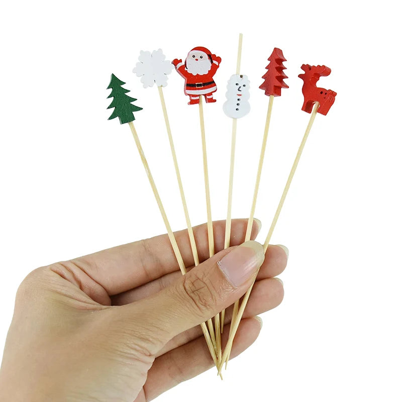 50Pcs Christmas Bamboo Food Picks Toothpicks Santa Dessert Buffet Fruit Salad Christmas Decoration New Year Xmas Party Supplies