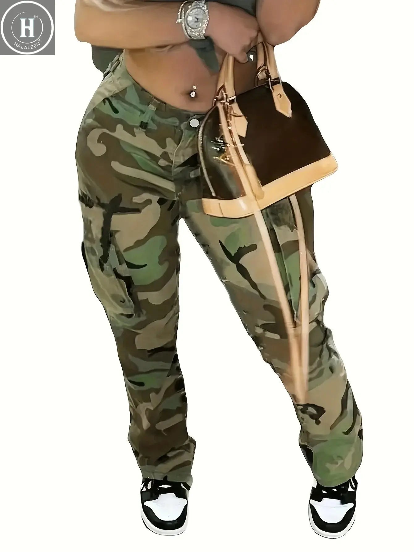 Women's Plus-Size Camo Denim Pants - Stretchy Boyfriend Fit, Street Style Cargo Jeans Halalzen UK