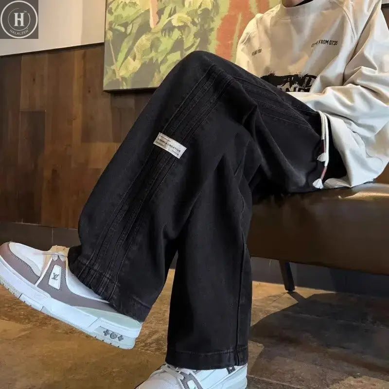 Three bar American retro jeans men's spring and autumn new style high street elastic waist loose casual men's straight leg long HALALZEN