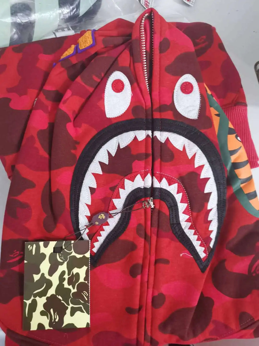 100% Cotton Trendy Shark Camouflage Zippered Hoodie for Men and Women Fine Embroidery Loose Fitting Pure Cotton Plush Hooded Ca