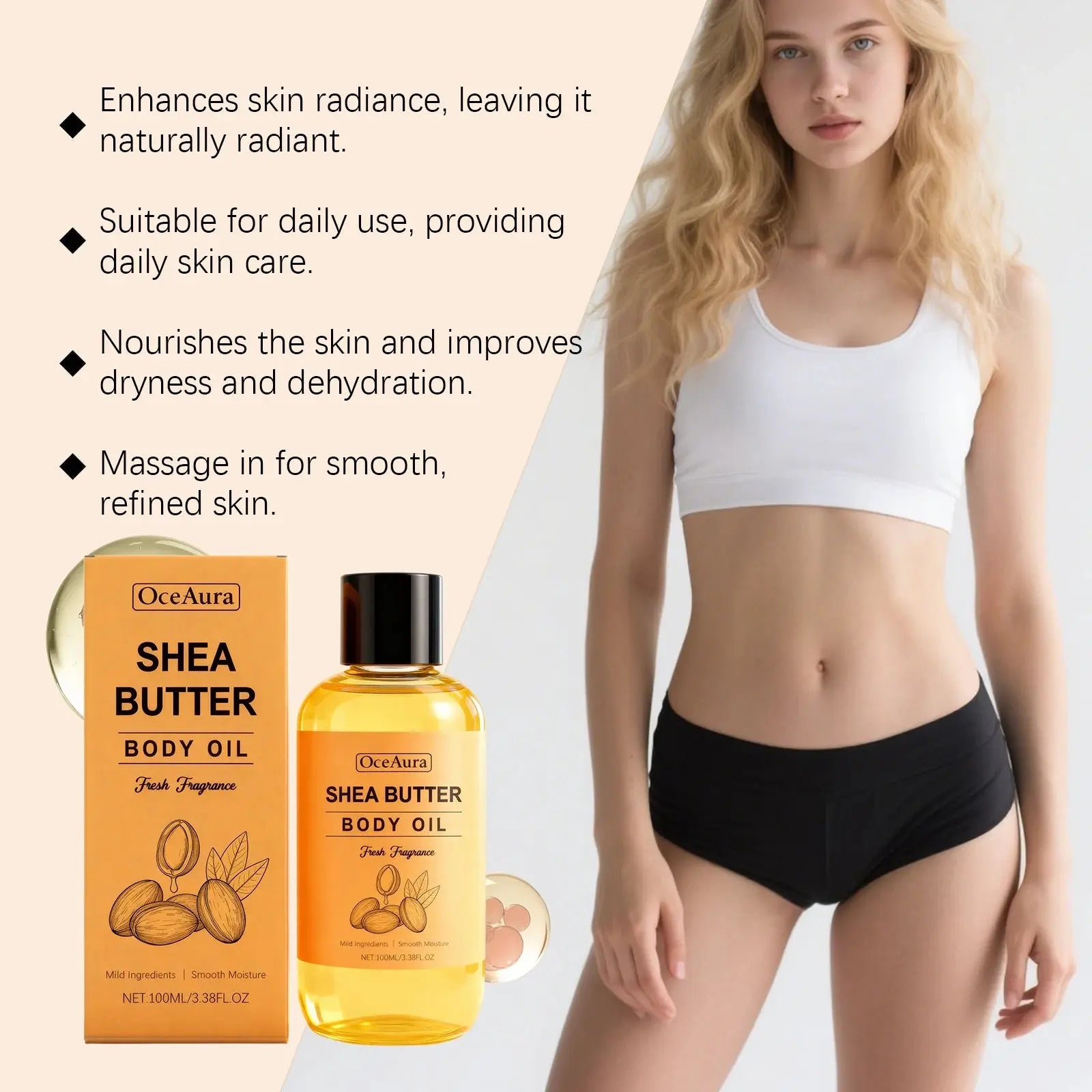 100% Natural Shea Butter Massage Oil Intense Moisture for Dry Skin Lightweight & Fast Absorbing All Skin Types Stretch Mark Care HALALZEN