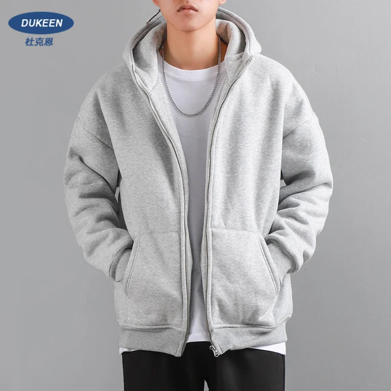 Dukeen Winter Hoodies for Men with Fleece Thicken Warm Zip-Up Hooded Shirt Casual Solid Color Woman Clothing White Black Coat