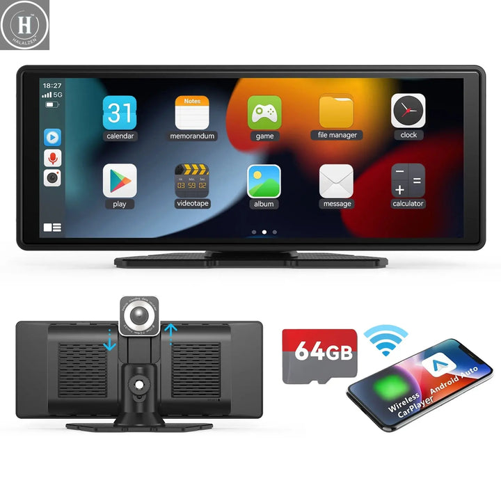 Portable Wireless Carplay Car Stereo, 10.26" inch HD Touchscreen for Car with CarPlay & Android Auto with Mirror Link/Backup Cam HALALZEN