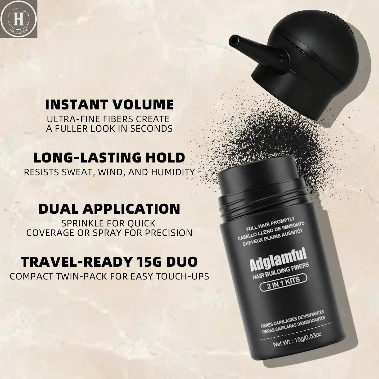 Adglamful Hair Fiber Kit – 15g Fiber Powder + Sprayer, instantly thickens & styles thin hair. Natural-looking, easy use HALALZEN