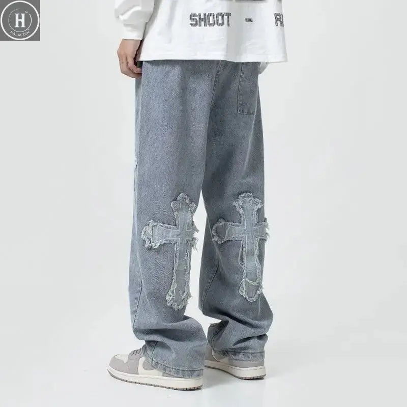 2025 new high street loose white cross jeans men's jeans Y2k loose pants loose cross design straight leg jeans men's Halalzen UK