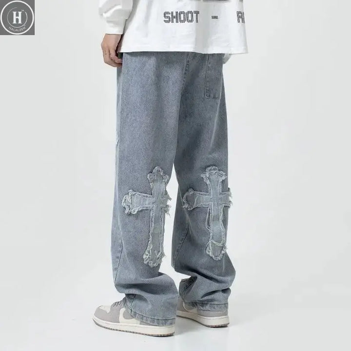 2025 new high street loose white cross jeans men's jeans Y2k loose pants loose cross design straight leg jeans men's Halalzen UK