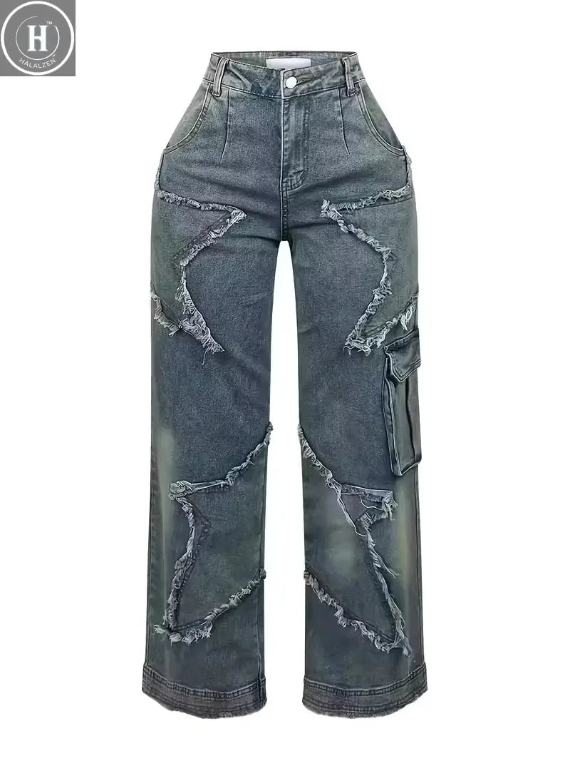 Stretch High Waist Jeans] High Waist Stretch Jeans - Women's Loose Straight Jeans with Star Embroidery Raw Edge Washed Halalzen UK