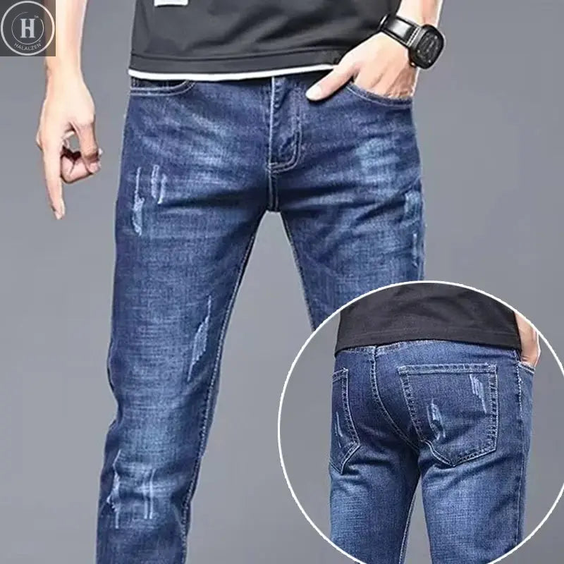 Men's Stylish Classic Business Casual Jeans Four Seasons Wear Black Blue Pants Middle-waist Leggings Denim Fabric Trousers Male Halalzen UK