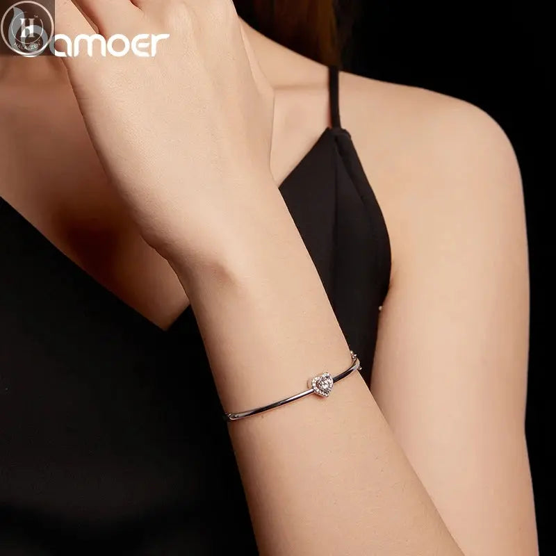 BAMOER 0.5CT Hollowed Heart Moissanite Bracelet Round Cut D Color Wrist Cuff Bangle 925 Sterling Silver for Women Wedding Gift HALALZEN