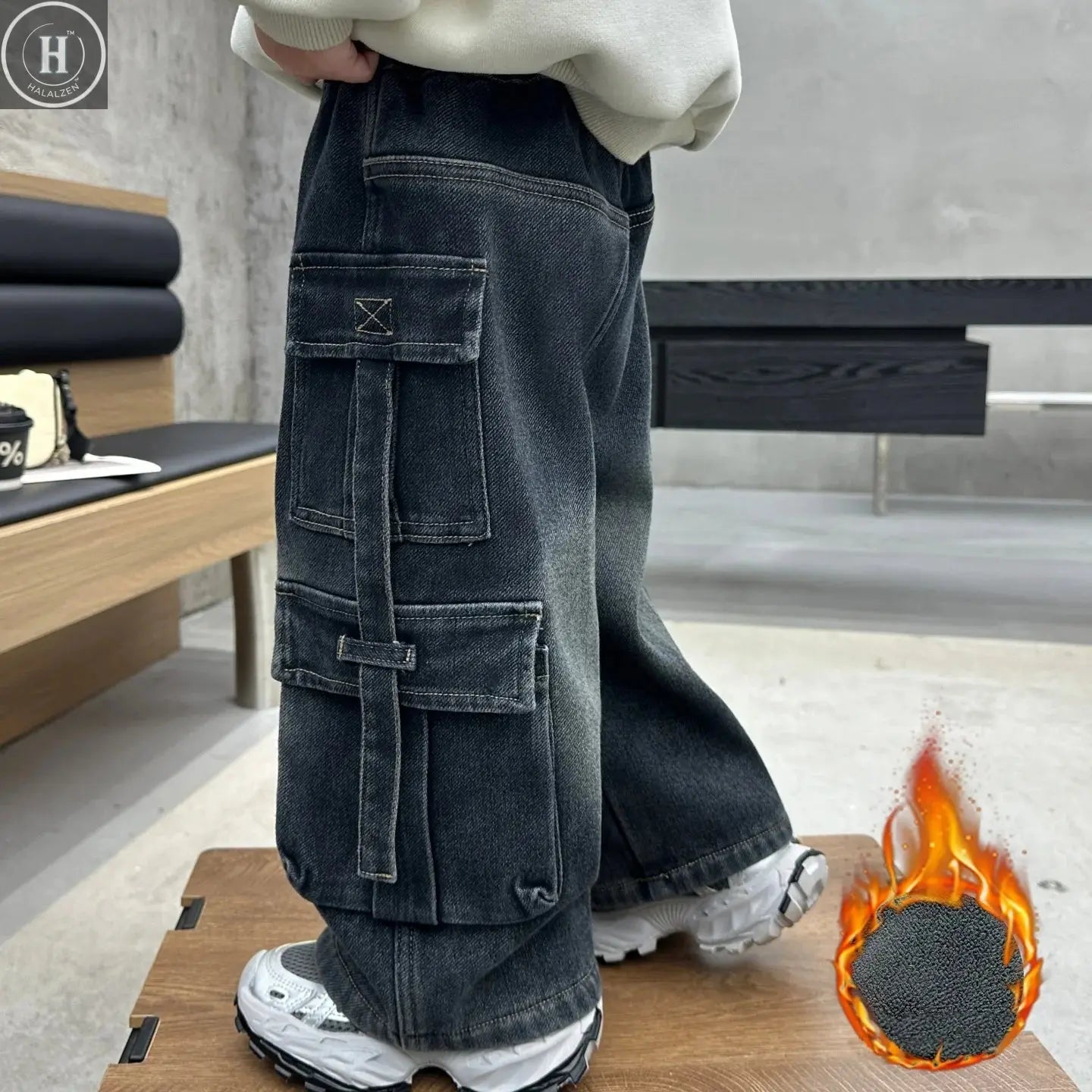 New Arrival Boys' Winter Fleece-Lined with Multi Pockets Washed Dark Denim Pants, Trendy Streetwear Workwear Trousers HALALZEN