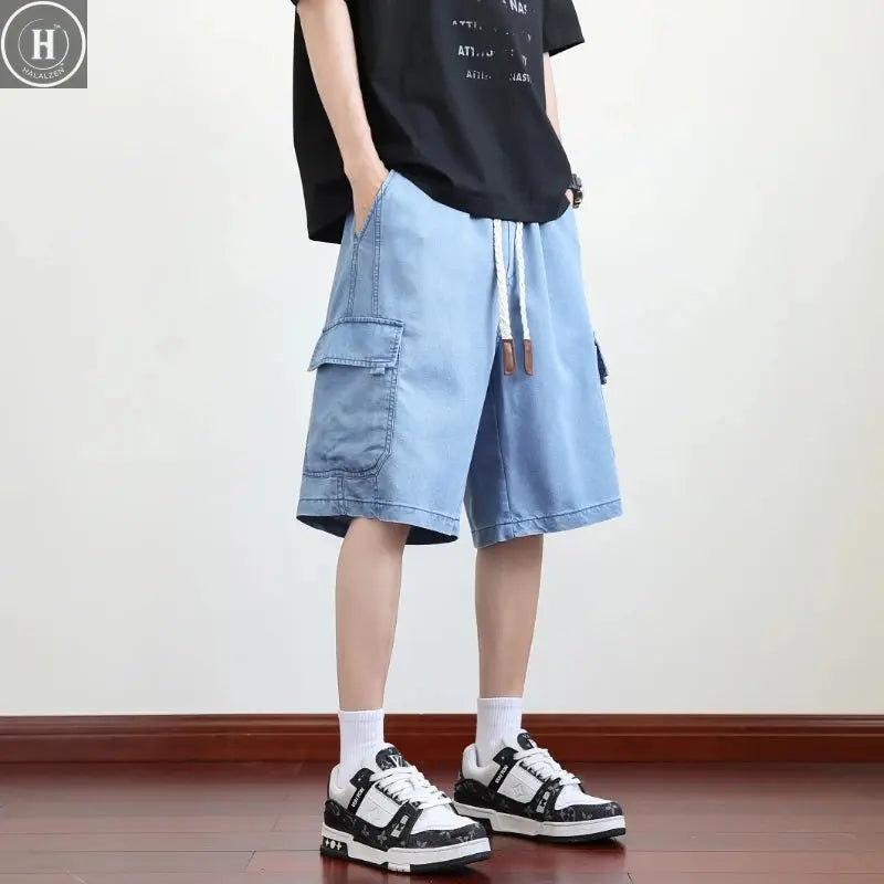 Spring Lyocell Fabric Washing Jean Thin Men Street Cowboy Shorts Neutral Pocket Big Loose Cropped Pants Casual Fashion Size 8xl Halalzen UK