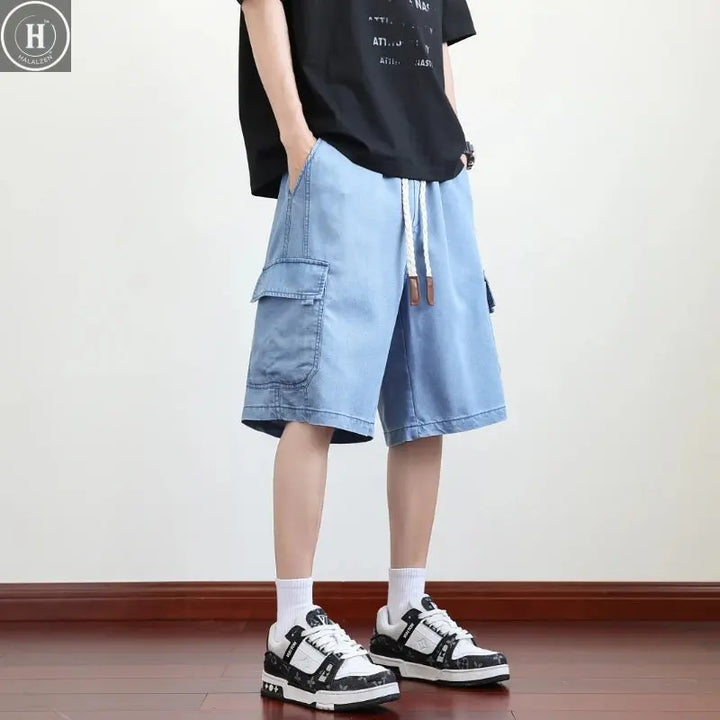 Spring Lyocell Fabric Washing Jean Thin Men Street Cowboy Shorts Neutral Pocket Big Loose Cropped Pants Casual Fashion Size 8xl Halalzen UK