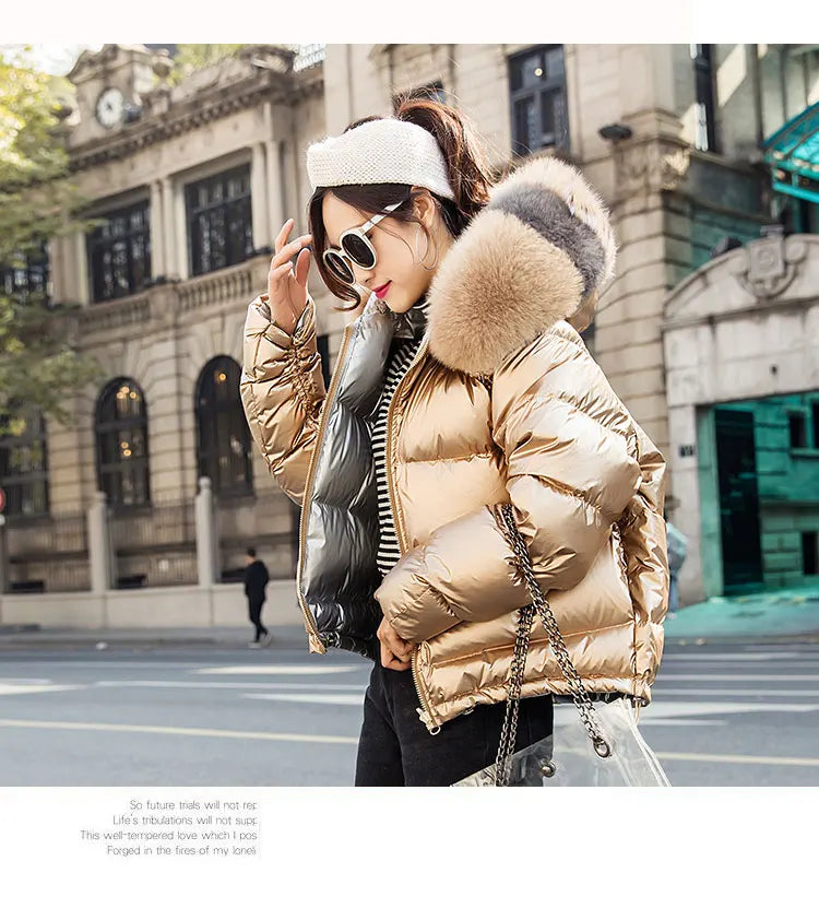 New Real Fur Parkas Natural Fox Fur Collar Jacket Winter Women Loose Short Down Coat White Duck Down Jacket Thick Warm Down Coat