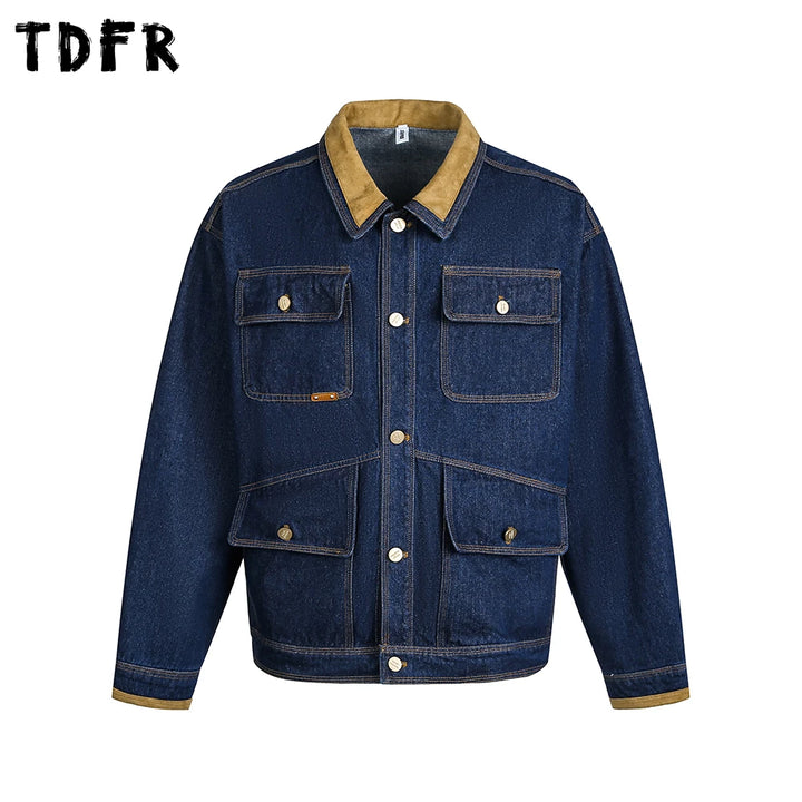 Multi-Pocket Spliced Lapel Denim Jacket Mens Topstitch Retro Casual Autumn Single Breasted Long Sleeve Outerwear Man