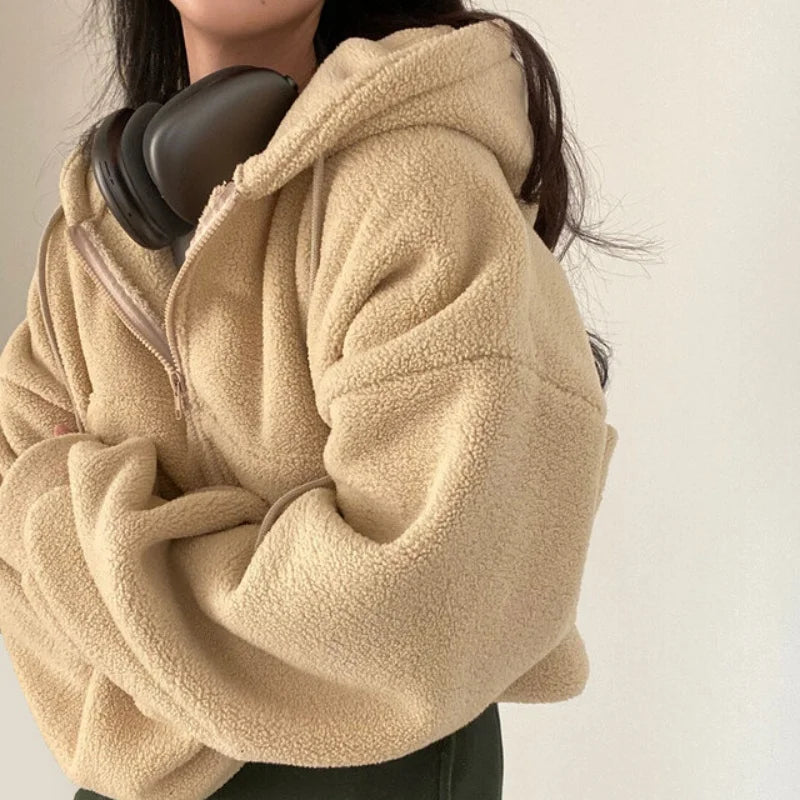 Women Autumn Winter Thicken Warm Fleece Hoodie Zipper Drawstring Short Coat Lamb Fur Velvet Jacket Casual Sweatshirt Streetwear