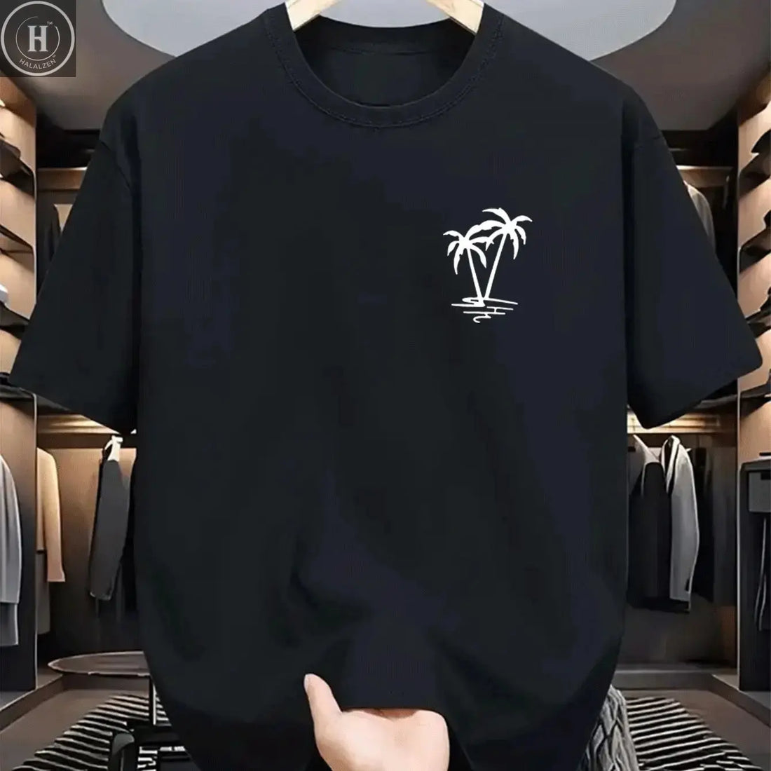 Men's summer 100% cotton fashionable casual loose coconut tree pattern printed sports round neck short sleeved T-shirt top HALALZEN