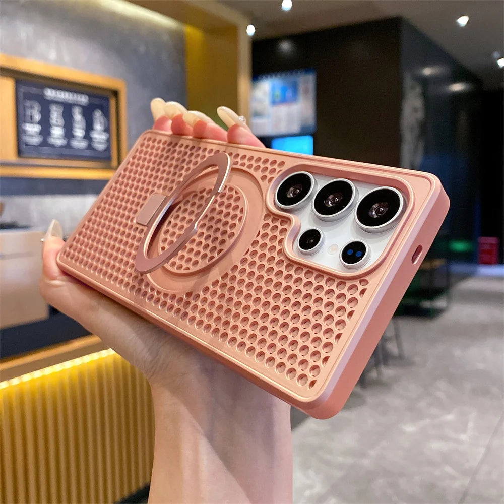 Magnetic Metal Fold Stand Heat Dissipation Phone Case for Samsung S25 S24 S23 Ultra FE S22 Plus 5G Luxury Protection Back Cover