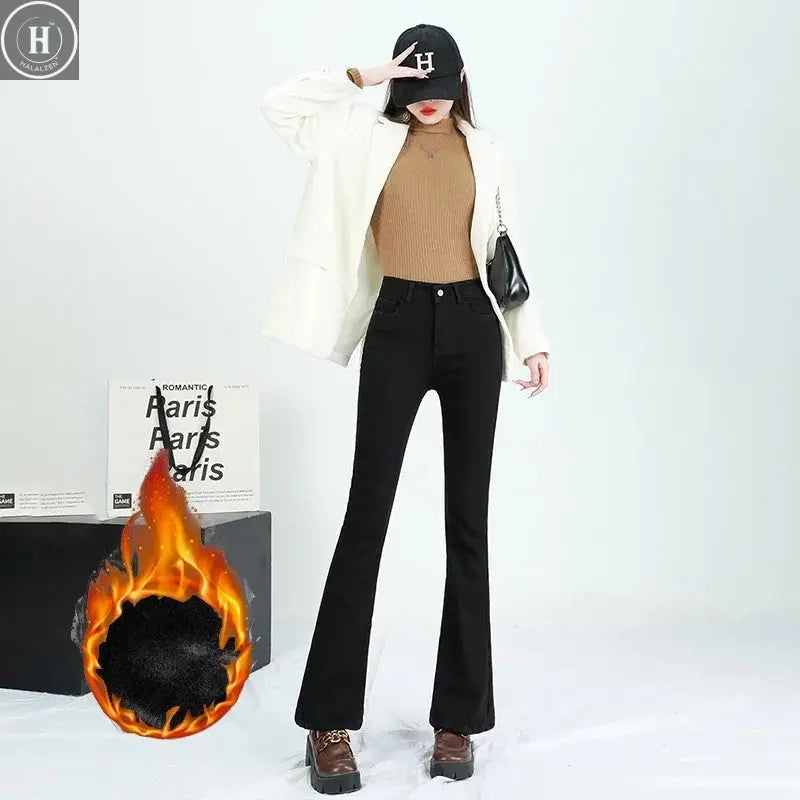 Winter Female Thin Snow Warm Plush Jeans Lady Chic Fleece Flared Pants Girls Korean High Waist Straight Leg Denim Trousers Halalzen UK