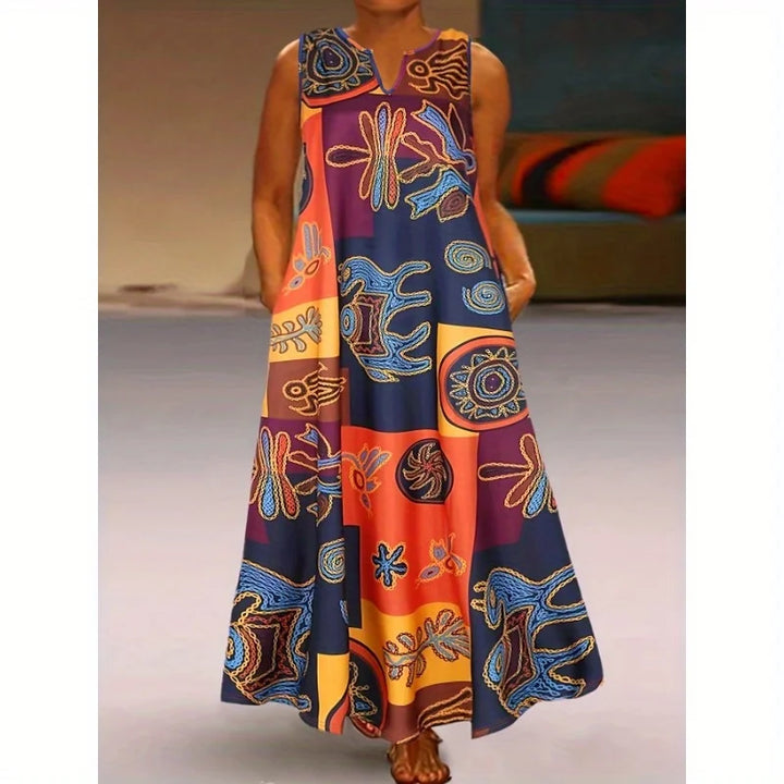 Women's Plus Size Holiday Print V-Neck Sleeveless Retro Casual Maxi Dress
