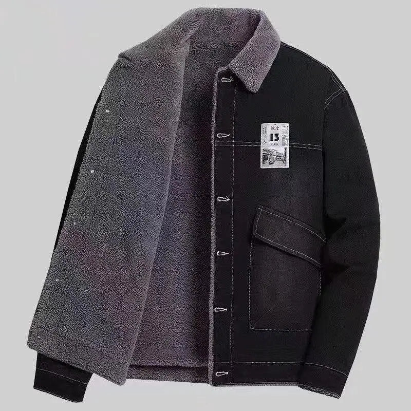 Men's Winter Denim Jaet Lamb Velvet Warm Fur Collar Cotton Workwear Jaet Slim Fit Korean Sle Youthful Long Sve Zipper