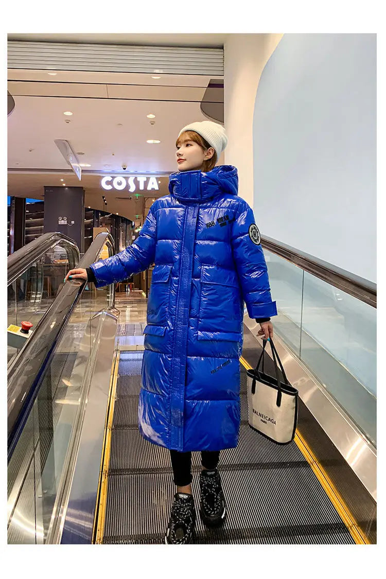 2024 New Waterproof Coats Fashion Winter Down Cotton Jacket Womens Glossy Colorful Femme Thick Warm Long Hooded Puffer Parkas