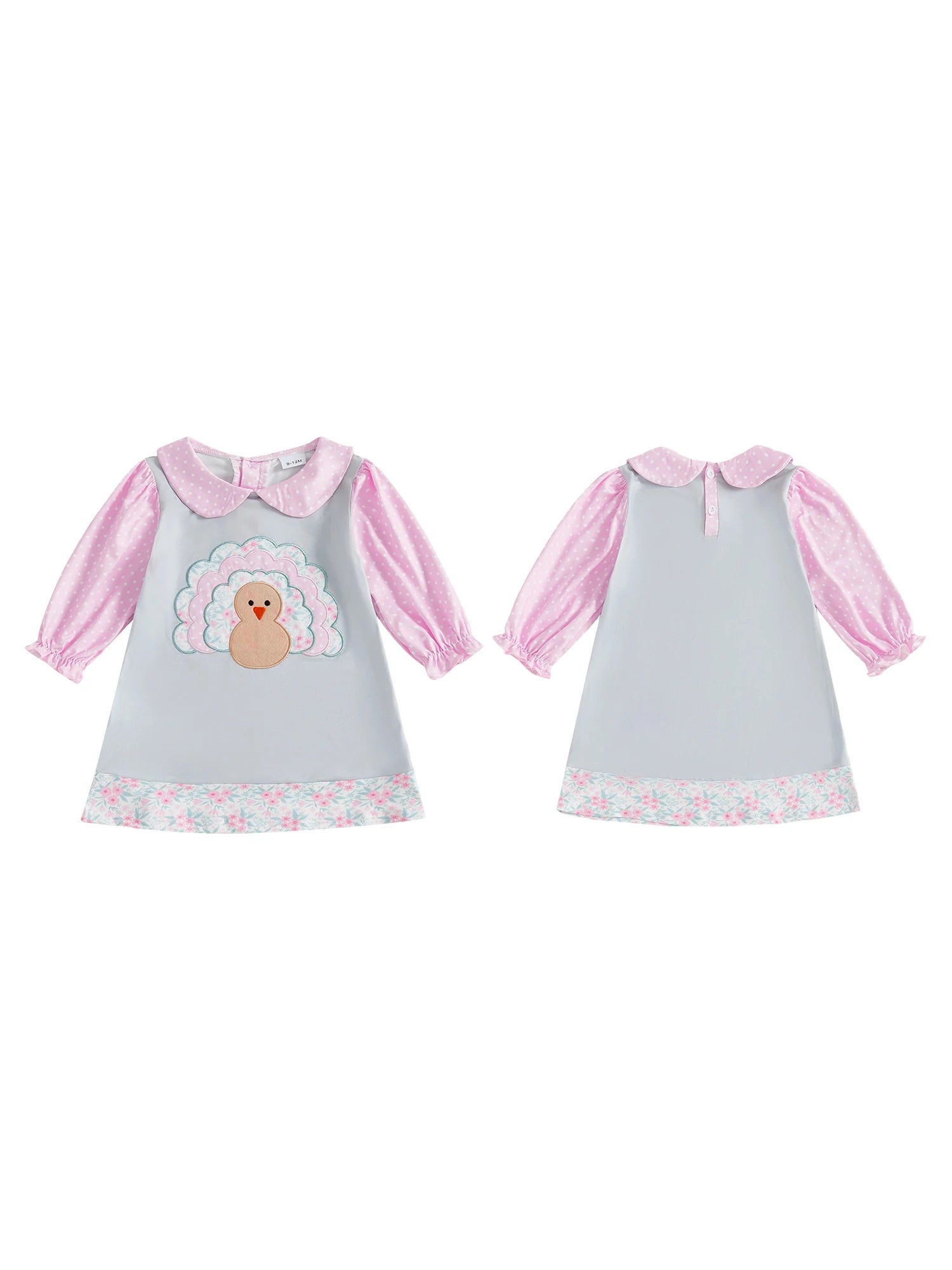 Adorable Infant Girl Fall Dress with Cute Turkey Embroidery and Lantern Sleeves for Thanksgiving Celebration