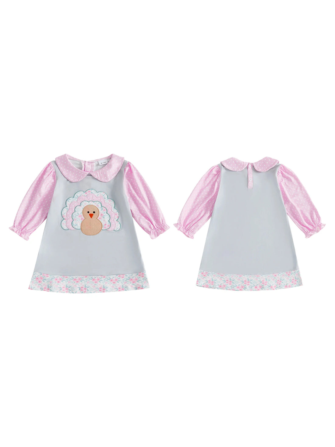 Adorable Infant Girl Fall Dress with Cute Turkey Embroidery and Lantern Sleeves for Thanksgiving Celebration