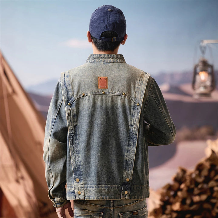 Men Heavy Industry Washed Denim Rivet Vintage Fashion Stand Collar Motorcycle Jacket Man Streetwear Runk Hip Hop Jeans Coat