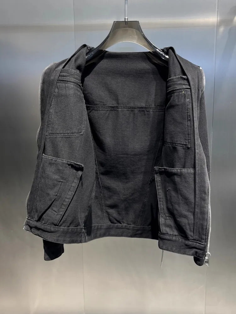 Autumn Mens New Fashion Zipper Multi Pockets Denim Jacket Streetwear Casual Outerwear Coat Vintage Motocycle Biker Cowboy Jacket