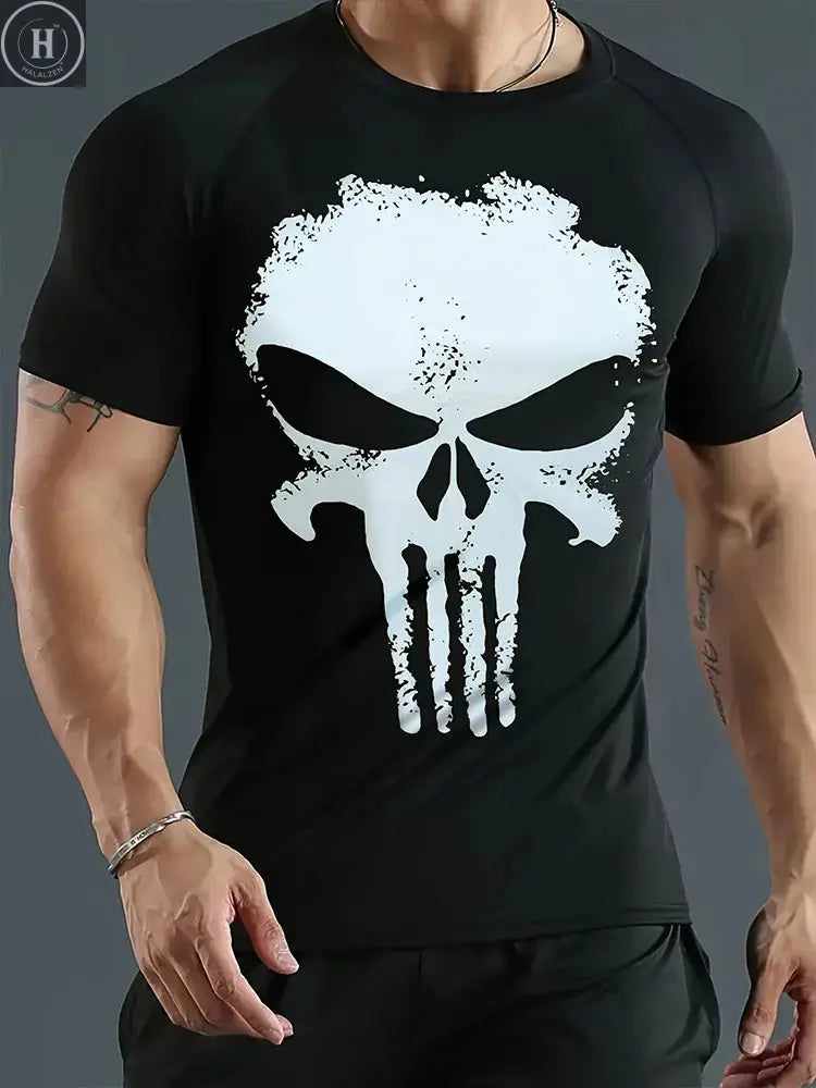 Skull Print Men's T-Shirt Summer Casual Wear for Men Sports Fitness Short-Sleeve T-Shirt for Men Streetwear Fashion Top for Men HALALZEN