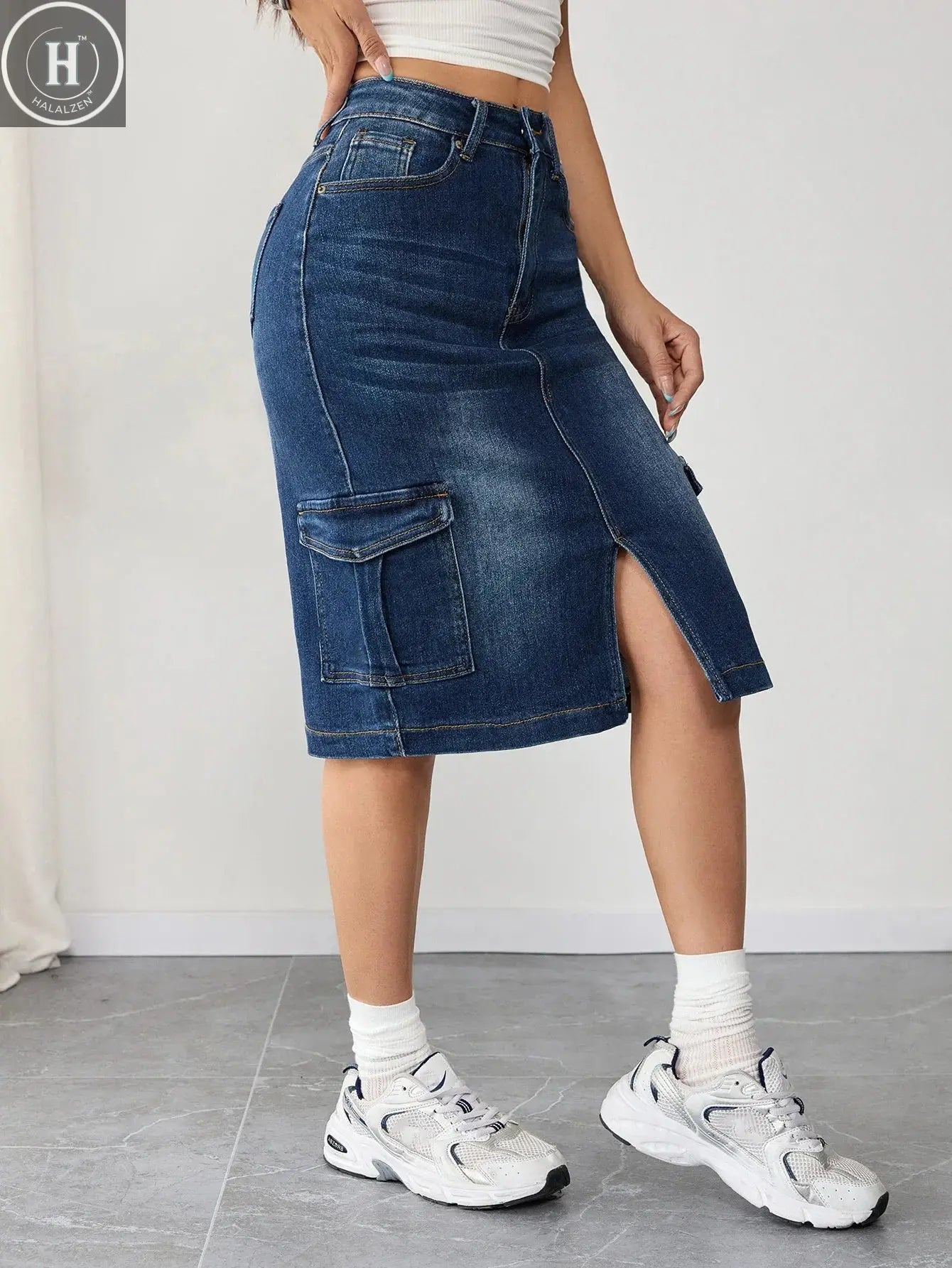 Trendy Plus Size Women's Denim Midi Skirt High Waist Cargo Jeans Pants Stylish Streetwear Halalzen UK