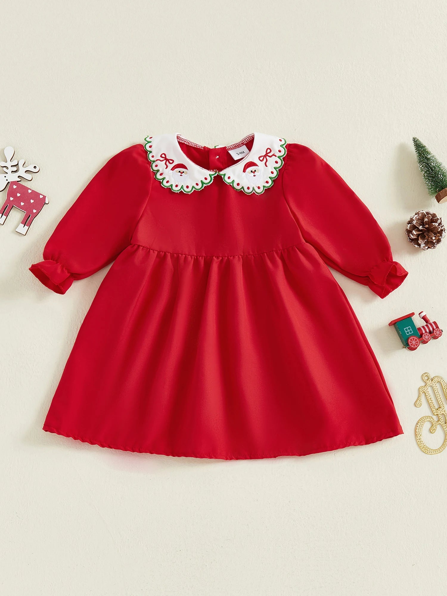 Little Girls Santa Claus Embroidery Dress Christmas Long Sleeve Doll Collar A-line Dress