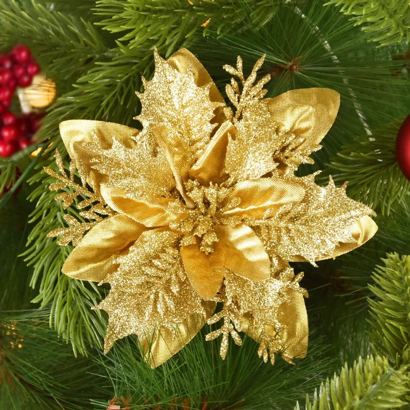 5/10Pcs 14cm Glitter Artificial Christmas Flowers Xmas Tree Ornaments Merry Christmas Decorations for Home New Year Gift Navidad