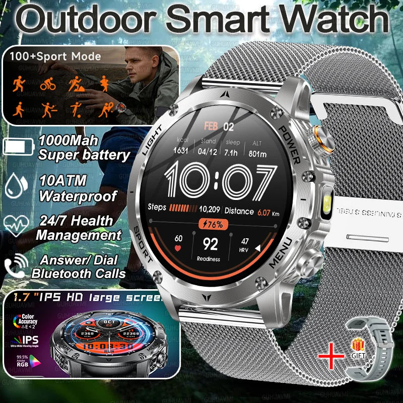 2026 New Military Smart Watch 1000Mah Battery Fitness Tracking 10ATM Waterproof Tactics Sport Flashlight call Bracelet For Men