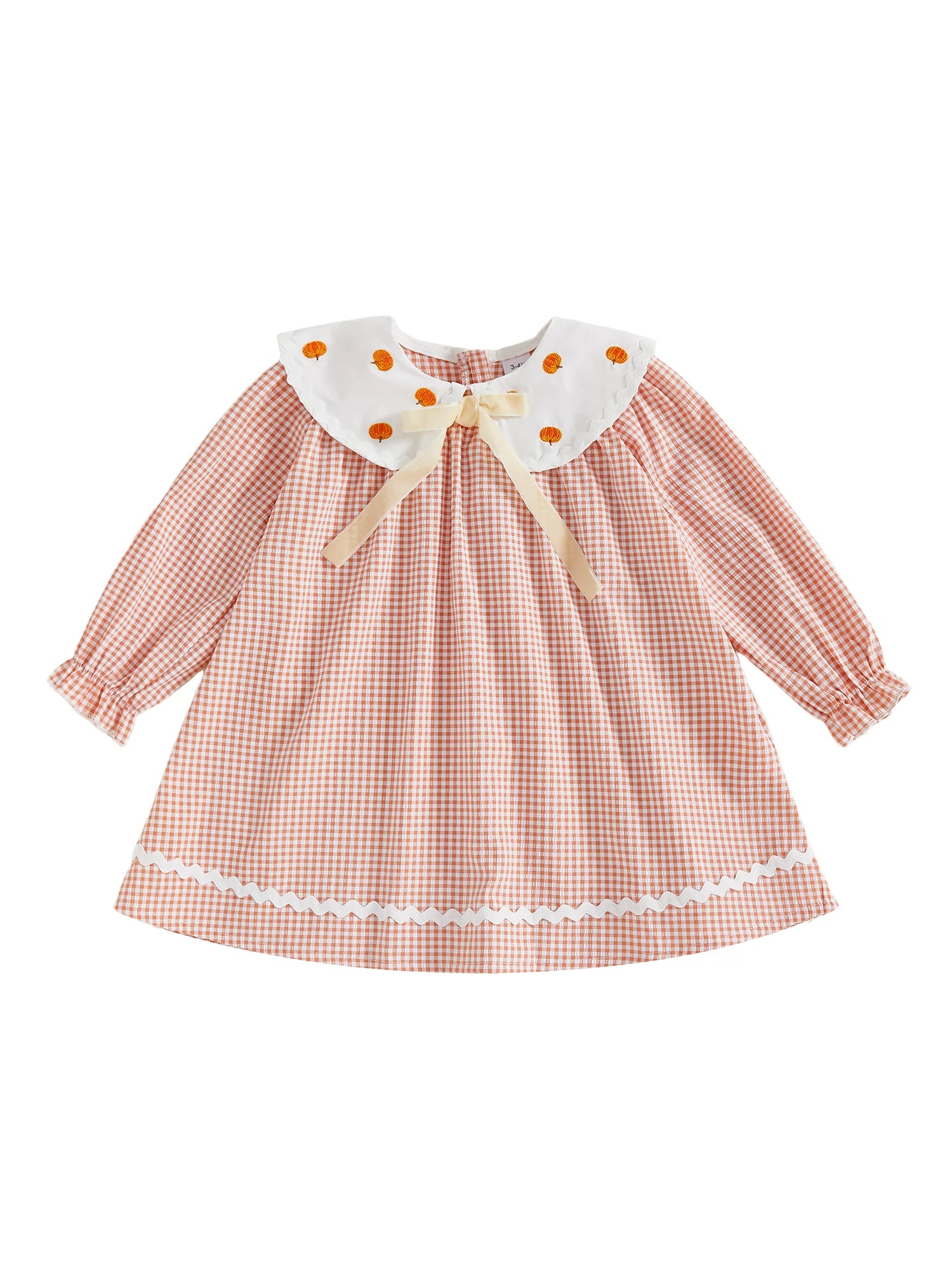 Cute Toddler Girls Halloween Dress with Long Sleeves and Doll Collar Featuring Pumpkin Embroidery on Plaid Fabric