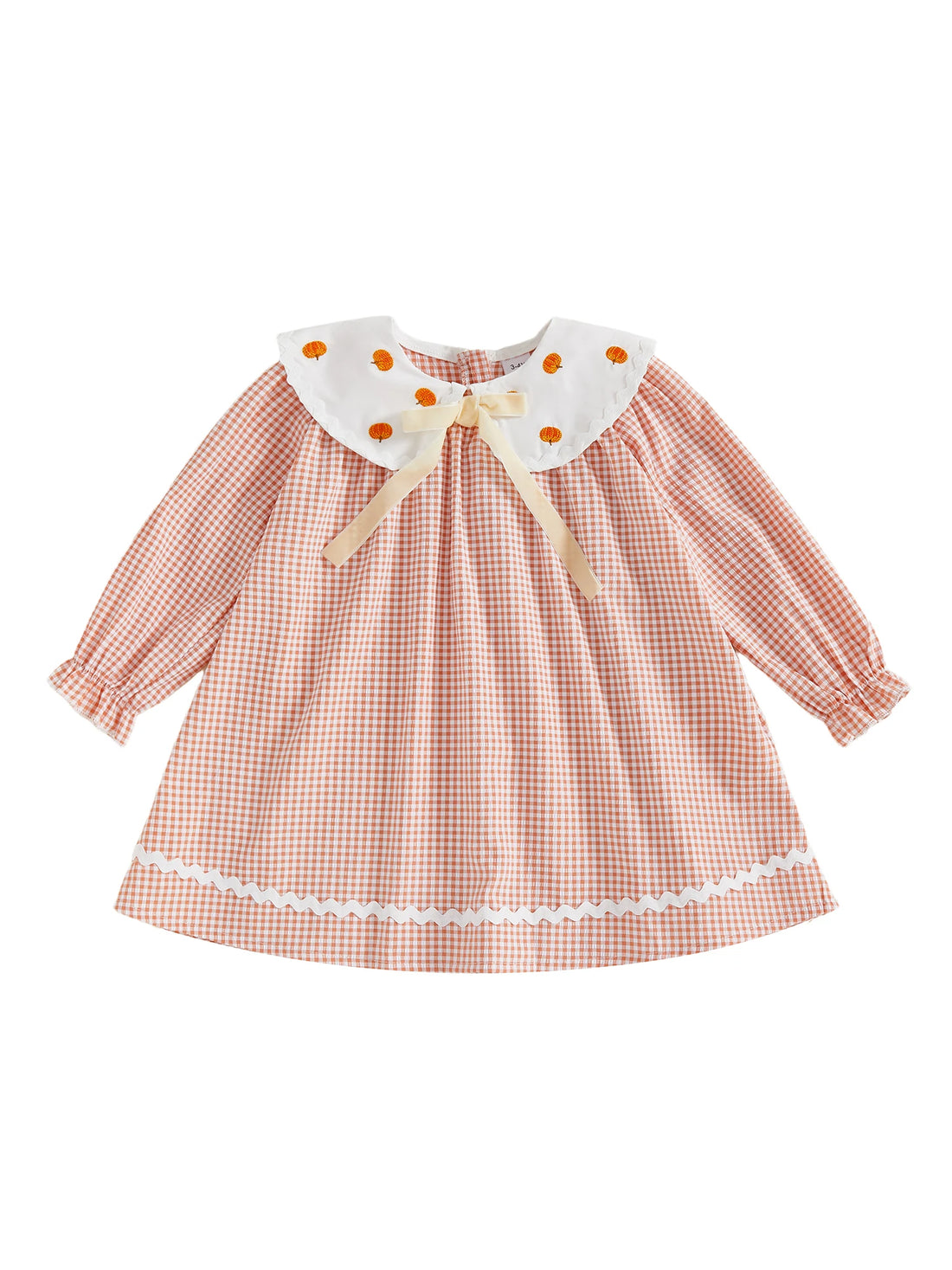 Cute Toddler Girls Halloween Dress with Long Sleeves and Doll Collar Featuring Pumpkin Embroidery on Plaid Fabric