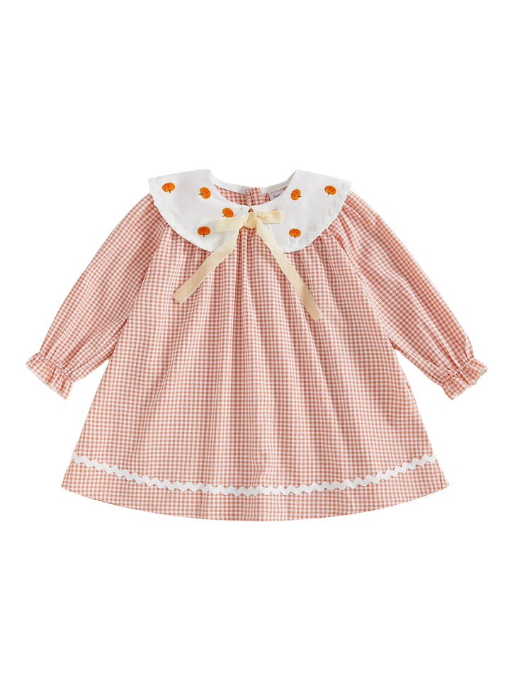 Cute Toddler Girls Halloween Dress with Long Sleeves and Doll Collar Featuring Pumpkin Embroidery on Plaid Fabric