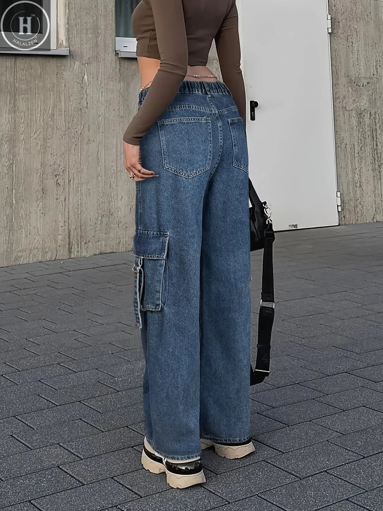 Women's Trendy Cargo Jeans Casual Street Style Zip Multi-Pocket Design With Flap Pockets Tape Elastic Waist Denim Pants Halalzen UK