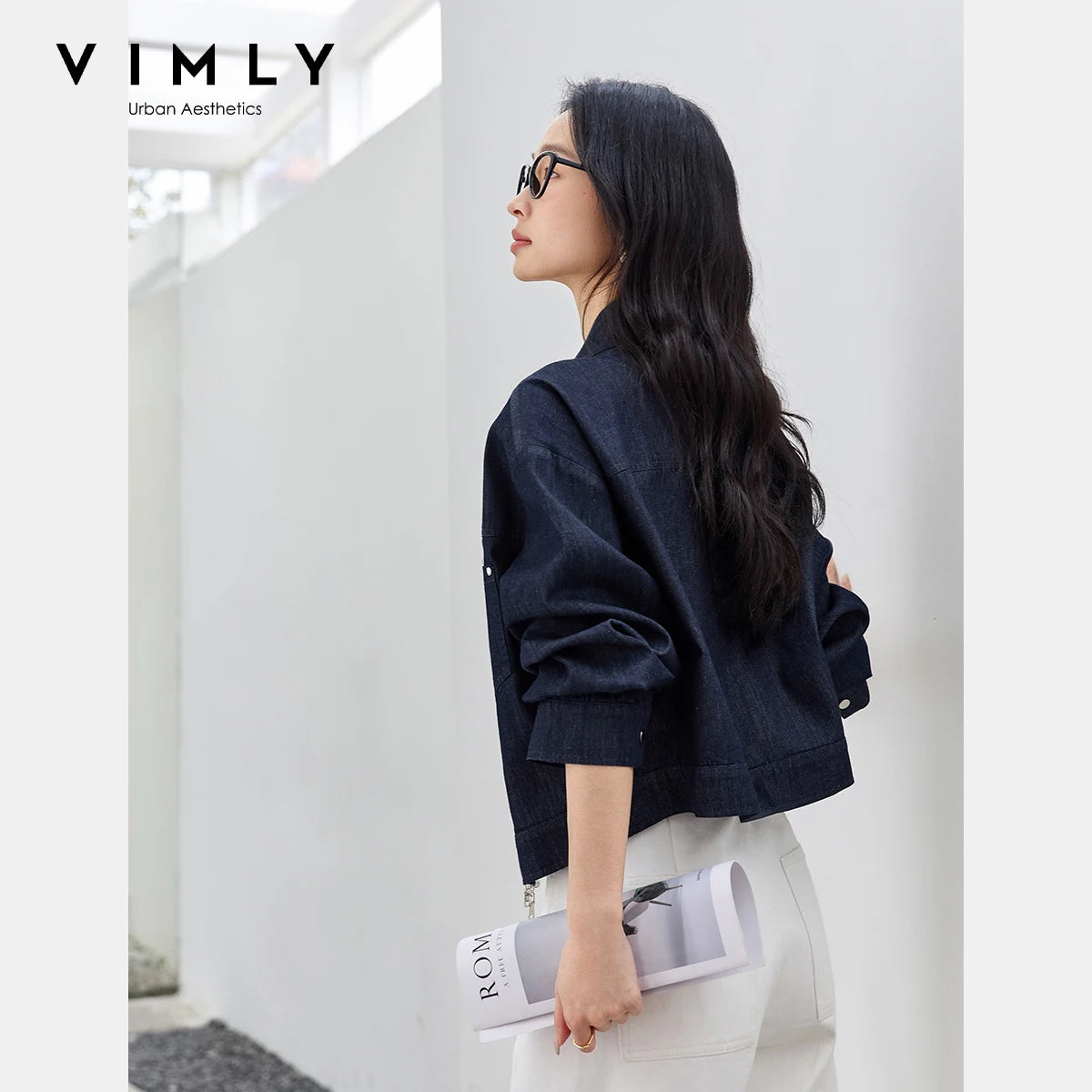 VIMLY Blue Denim Jackets Women Stand-up Collar Short Jeans Jacket Ladies 2025 Spring Autumn Zipper Loose Outerwear Woman A0616