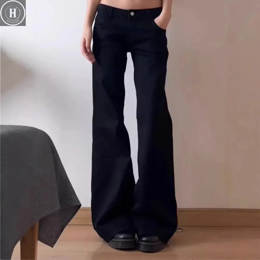 Plus Size American Style Spicy Girl Black Low Waist Wide Leg Micro Flared Jeans Women's Early Autumn Loose Fit Versatile Straigh Halalzen UK