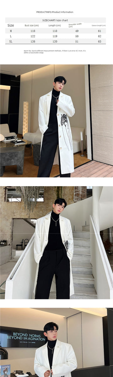 Fall and Winter Niche Style Embroider G BIAOXIU Design Long Trench Coat Men's Suit Collar Single Breasted below-the-Knee Coat Outwear Classy