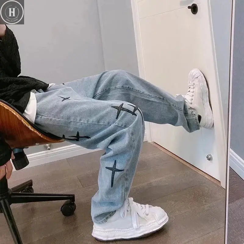 Men's Trendy Cool Style 2024 Blue Denim Pants Baggy Wide Leg Streetwear Trousers Cross Star Sticker Embroidery Design Jeans Male Halalzen UK