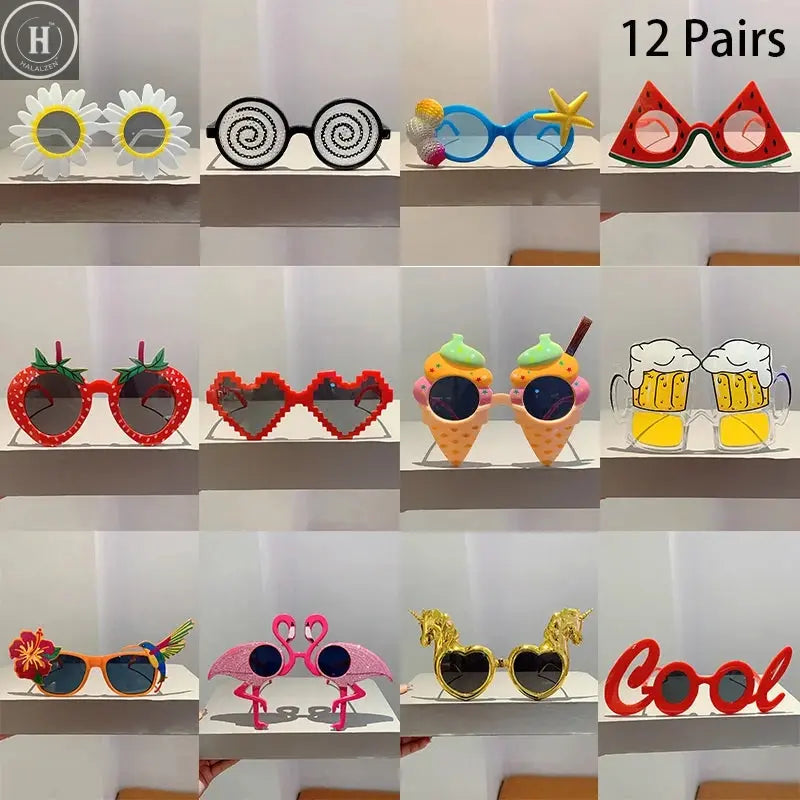 12 Pairs Per Set Cute Beach Sunglasses 2025 Men Funny Summer Vacation Decorative Shades Women Fashion Design Rave Sun Glasses HALALZEN