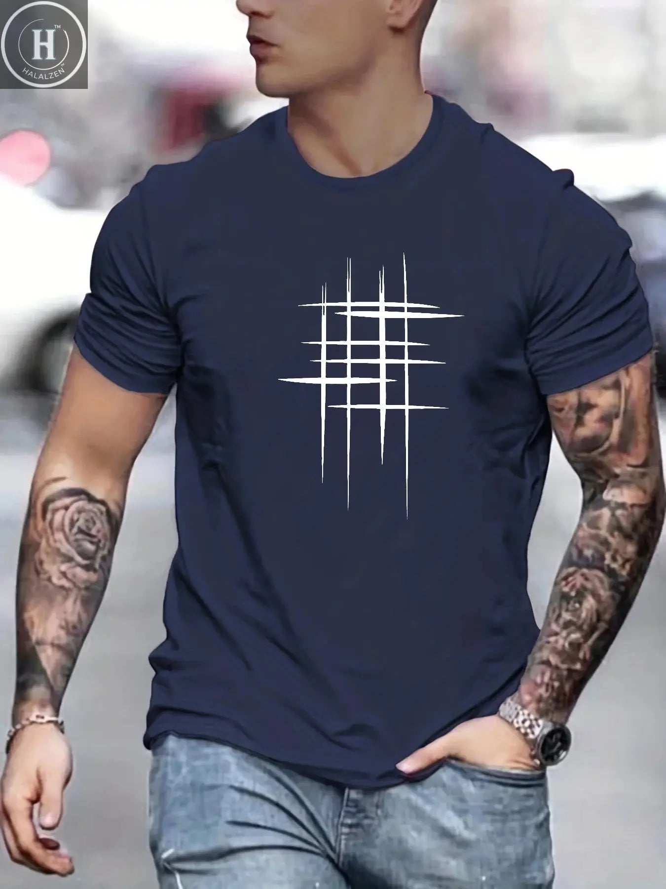 Summer Men's 100% Cotton Casual Loose Size Graphic Line Print Round Neck Short Sleeve T-shirt Top HALALZEN