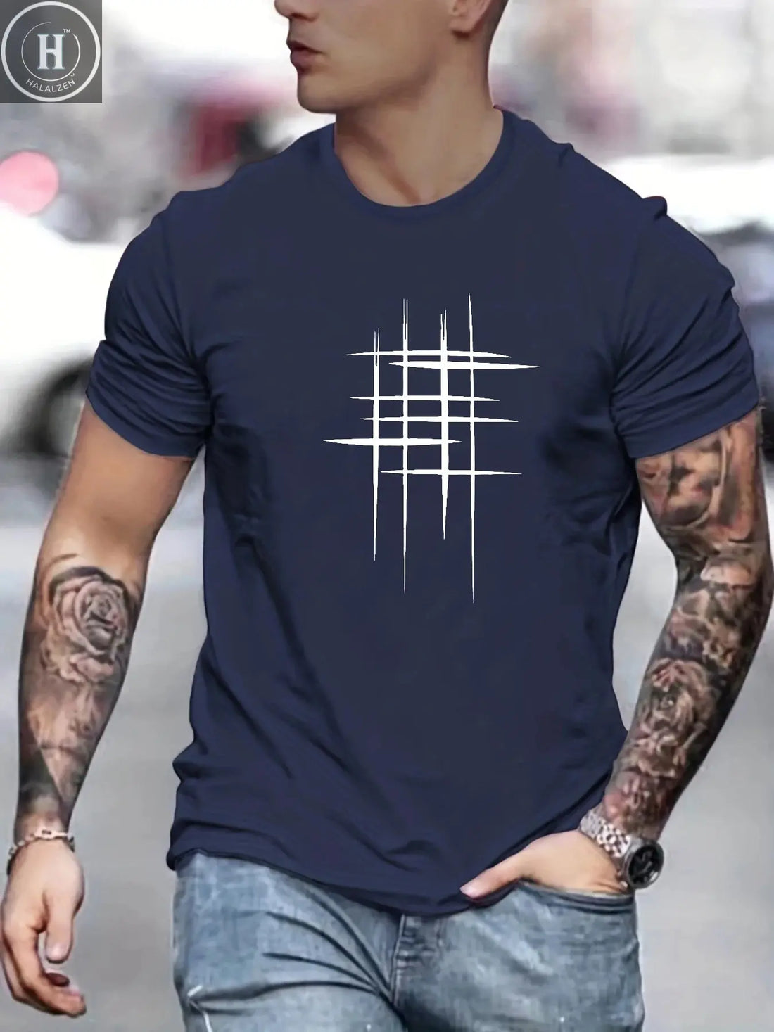 Summer Men's 100% Cotton Casual Loose Size Graphic Line Print Round Neck Short Sleeve T-shirt Top HALALZEN