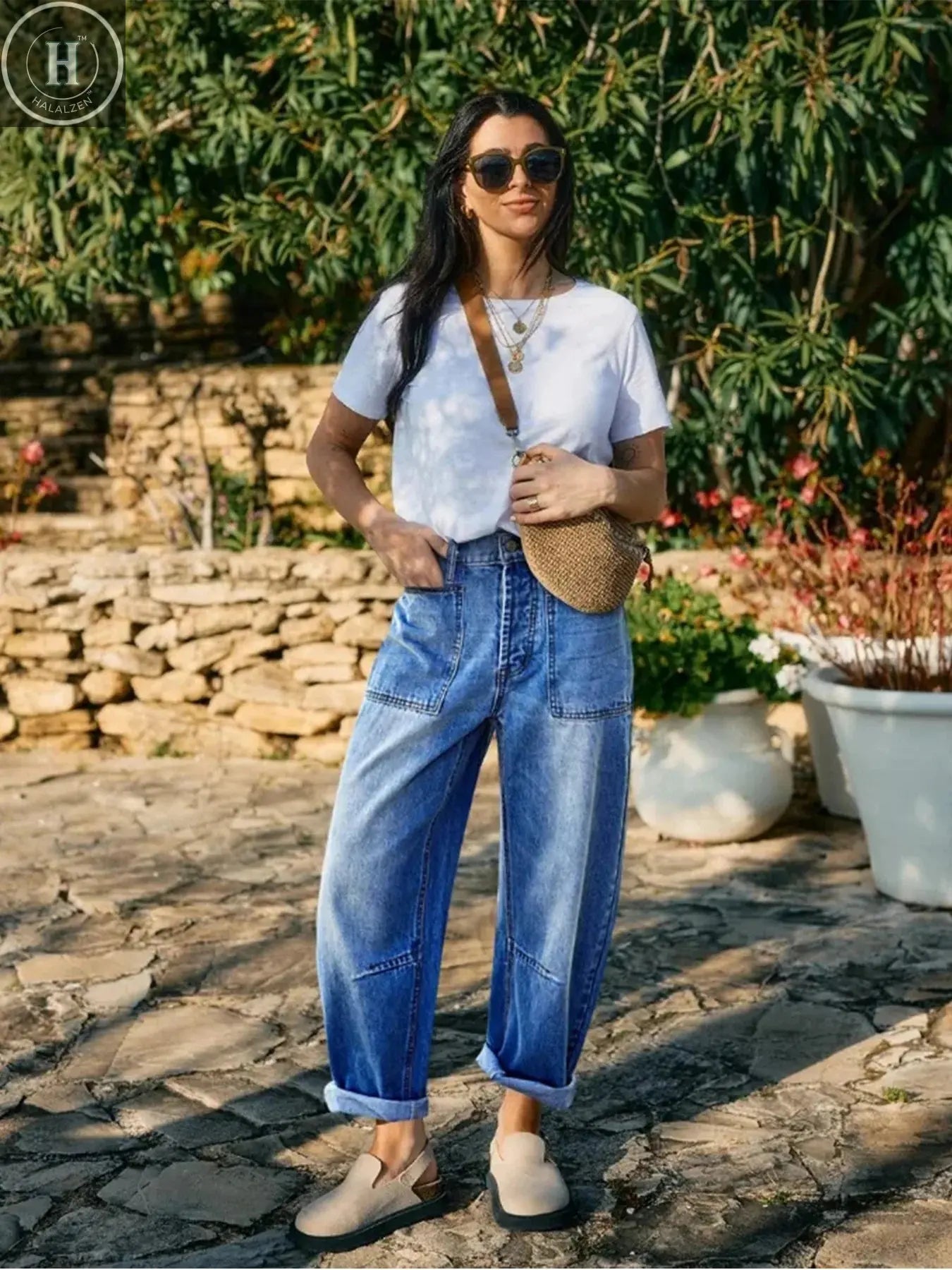 Mid-waist fashionable casual blue jeans for women, versatile, cuffed design, suitable for all seasons, clearance sale, autumn ne Halalzen UK